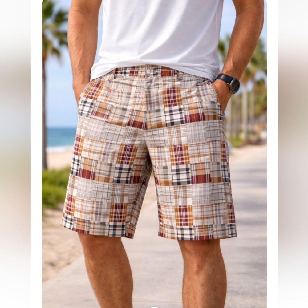 Linea Uomo Patchwork Plaid Shorts Size 42 Brown Multi Preppy Summer